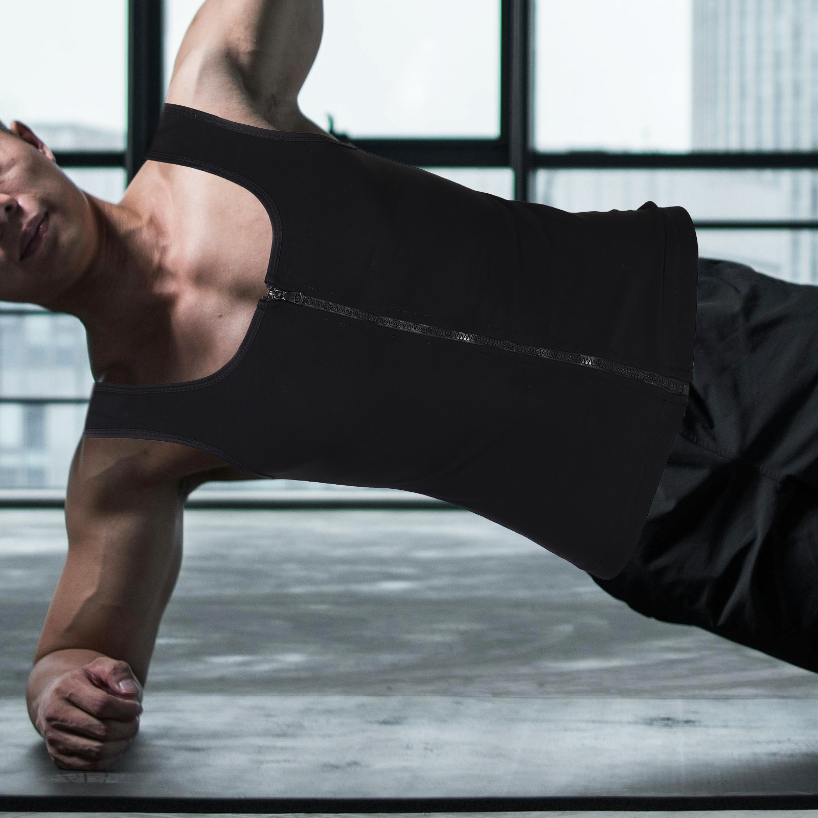 Yoga Fitness Workout - Ärmelloses Kompressions-Unterhemd für Herren mit Reißverschluss,